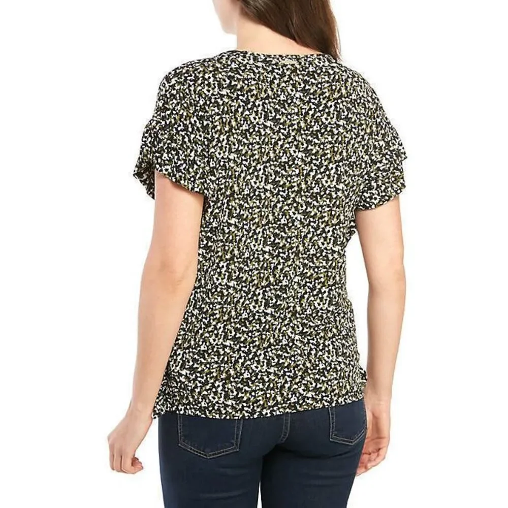 NEW Michael Kors Ruffle Knit Camo Top Sz M Shirt,Blouse Black,White,Olive Green‎